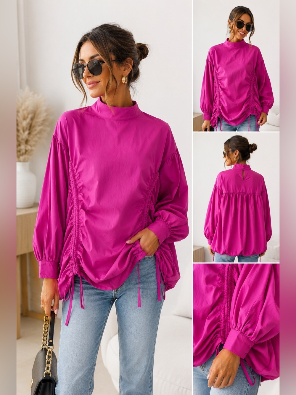 TWO TWIN STYLE Pink Ruched Balloon Tunic Dress | High Neck Statement Top XL C436